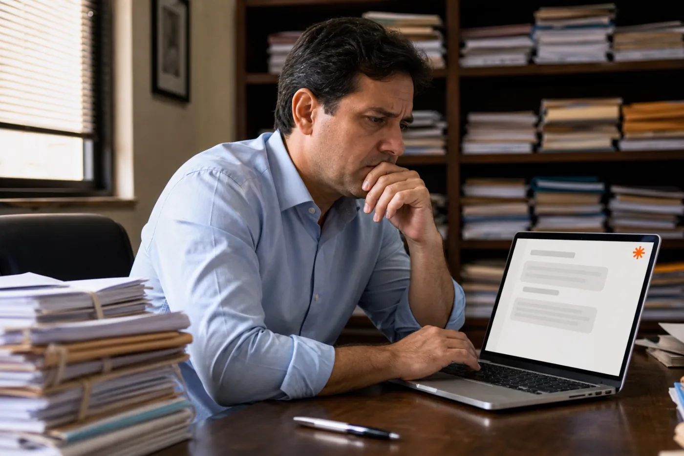 Advogado previdenciário de perfil, cansado, olhando a tela do computador.