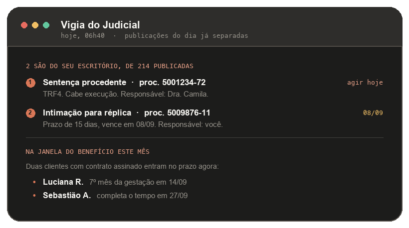 Painel do Vigia do Judicial: 2 publicações do escritório entre 214 do dia, e quem entra na janela do benefício.