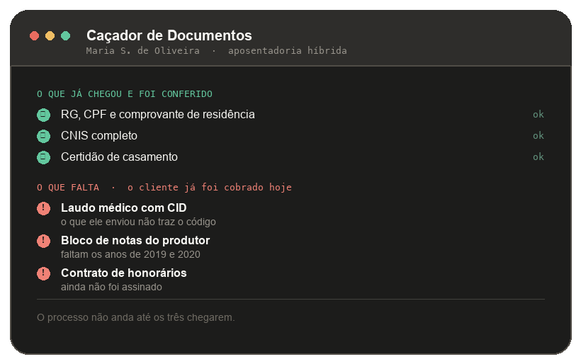 Checklist do Caçador de Documentos: o que já chegou e foi conferido, e o que ainda falta com o cliente já cobrado.