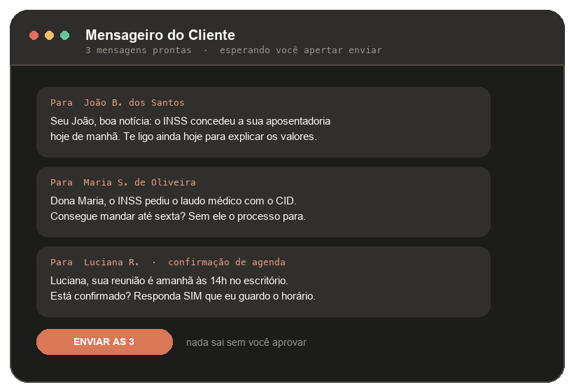 Três mensagens prontas do Mensageiro do Cliente, esperando o advogado apertar enviar.